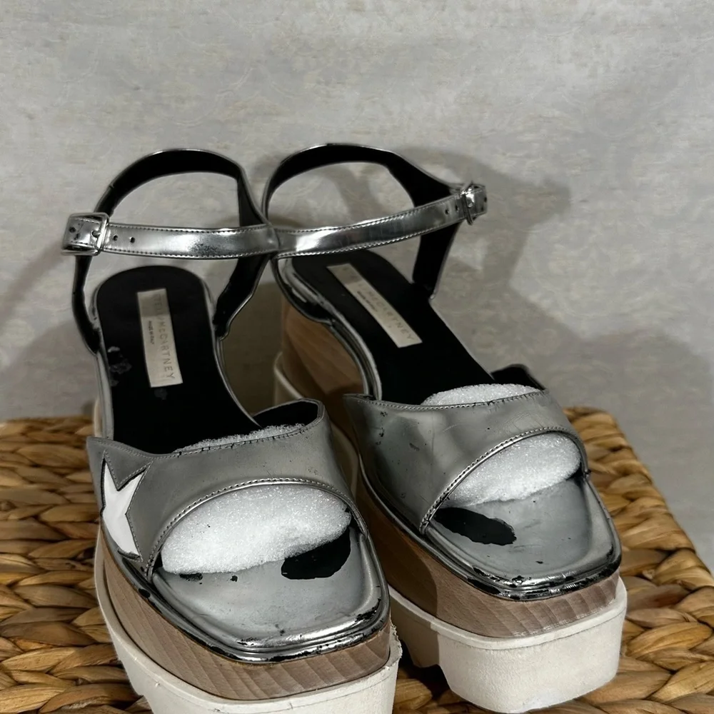 Stella McCartney Elyse Indium Star Platform Sandals Silver Metallic Size 36.5
